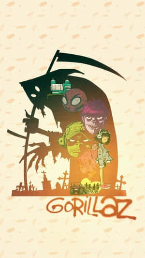 Gorillaz 樂隊成員在死神剪影內，背景為墓地。
