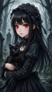 哥德式動漫女孩穿著黑色蕾絲連衣裙，在霧氣瀰漫的墓地裡抱著一隻黑貓。