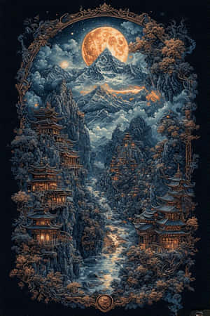 在裝飾性拱門框住的大橙色月亮下，山谷中的寶塔溫暖地發光。