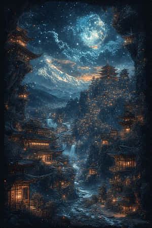 一個發光的山村，在星空下掛著燈籠，伴隨著發光的月亮和積雪的山峰。