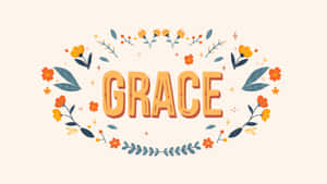 粗體橙色字「grace」被一個花環圍繞住。 — 紫色花朵 壁紙