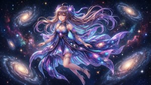 穿著星光長袍的動漫女孩漂浮在星系和星雲之間。