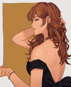 動漫女性，棕色頭髮和黑色連衣裙，優雅地擺姿勢 — Pixel Fold 壁紙