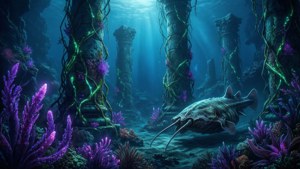 一條鯰魚滑過被紫色珊瑚和霓虹藤蔓覆蓋的發光廢墟。