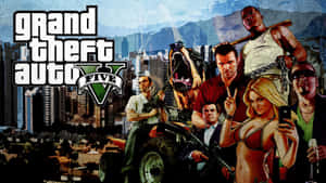 《Grand Theft Auto V》遊戲封面，主角們和城市背景。