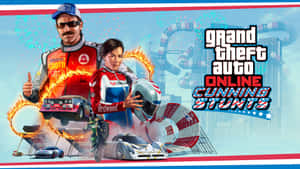 兩名GTA Online賽車手與特技車和火焰圈在城市景觀中。