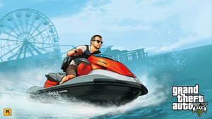 男子在摩天輪附近的水上騎紅色水上電單車。