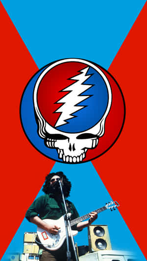Grateful Dead音樂家在骷髏頭標誌下彈結他，紅藍背景