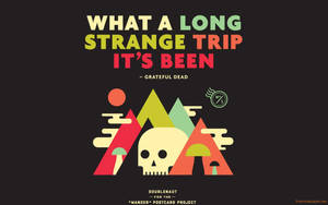 圖形插圖，山之間有骷髏頭和Grateful Dead的「What a long strange trip it's been」文字。