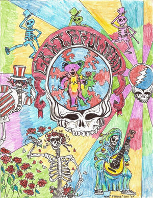 超現實插圖，骷髏圍繞著一個內有熊的骷髏頭跳舞。