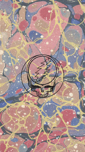 Grateful Dead骷髏標誌在色彩繽紛的大理石背景上，帶有粉紅色、藍色和金色漩渦。