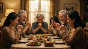 五位微笑的不同年齡成年人在有食物的餐桌上一起祈禱。