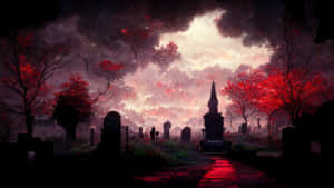 一條墓地小徑，兩旁是墓碑和紅樹，在暴風雨的黃昏天空下。