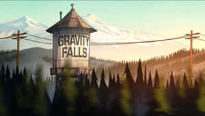 夕陽下森林中的Gravity Falls水塔和積雪山峰。