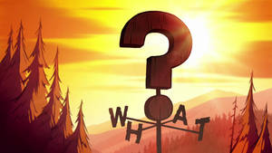日落時分森林中的一個大木製問號，下方有「WHAT」這個詞。