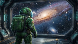 綠色太空衣太空人透過太空船窗戶觀看螺旋星系