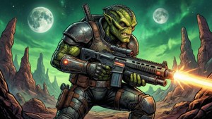 綠色皮膚的獸人士兵在兩個月亮下的外星沙漠中開火。