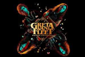 Greta Van Fleet 專輯封面，包含樂隊成員和破碎玻璃效果。