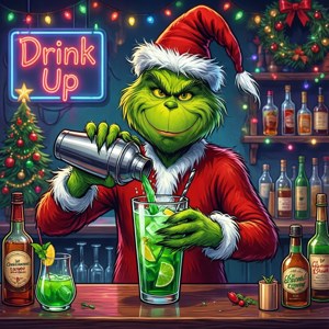 穿著聖誕老人服的鬼靈精在節日酒吧中倒綠色飲料，旁邊有聖誕樹和霓虹燈牌。