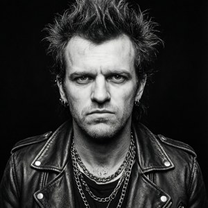 一個頭髮尖刺、身穿皮褸的男人正凝視著鏡頭。