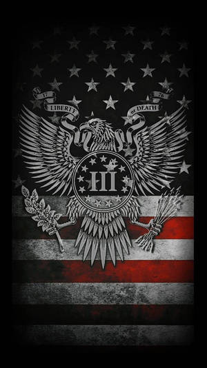 美國國旗，帶有鷹徽章，手持月桂和箭，附有「Liberty or Death」橫幅。