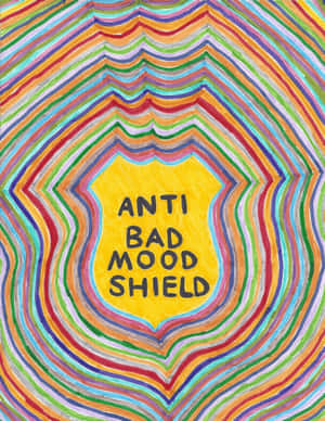 一個色彩繽紛的手繪盾牌，帶有彩虹波紋和文字 anti bad mood shield