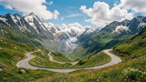 蜿蜒的山路穿過綠色山谷，有白雪覆蓋的山峰和野花