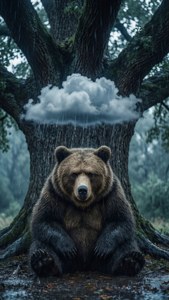 一隻棕熊坐在樹下，雨水從上方的雲中落下在森林中。