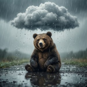 一隻棕熊坐在雨中，在一朵雲下，雲滴水落在牠的毛髮上。