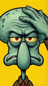Squidward Tentacles 看起來很沮喪，手放在額頭上，背景為黃色