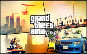 Grand Theft Auto V 遊戲宣傳，包含城市、水上電單車、汽車和飛機在夕陽下。