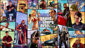 《Grand Theft Auto V》遊戲拼貼畫，展示角色和動作場景。