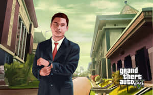 西裝男子在 GTA V 城市街道場景中查看手錶。