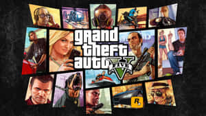 《Grand Theft Auto V》宣傳拼貼畫， featuring 主要角色和車輛。