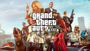 《Grand Theft Auto V》遊戲封面，角色手持武器和車輛。