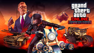 GTA Online Arena War宣傳藝術， featuring 一名電單車手和裝甲車在火熱的混亂中。