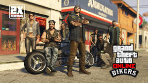 GTA Online 電單車手在陽光普照的街道上，靠近紋身和彈藥店，與電單車擺姿勢。
