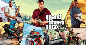 Grand Theft Auto V 遊戲封面，顯示主要角色手持武器和車輛。