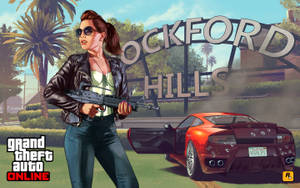 喺Rockford Hills遊戲場景中，一個女人揸住步槍喺損壞嘅紅色跑車旁邊。