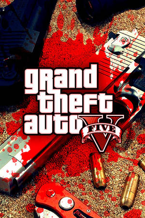 礫石上沾滿血跡的武器和彈殼，帶有 Grand Theft Auto V 標誌。