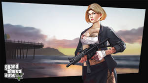 金髮紋身女性在日落碼頭持步槍，GTA V風格。