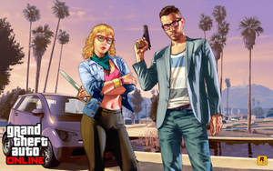 兩個武裝的GTA Online角色在日落時分棕櫚樹下車旁擺姿勢。