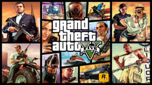 《Grand Theft Auto V》宣傳拼貼畫，以漫畫風格展示主要角色和車輛。