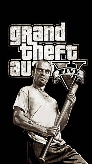 一個男人在Grand Theft Auto V標誌下拿著棒球棍。