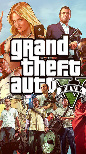 《Grand Theft Auto V》遊戲封面，主要角色手持武器與裝備。