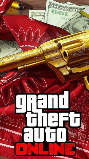 紅色頭巾上的金色左輪手槍，附有現金和GTA Online標誌。
