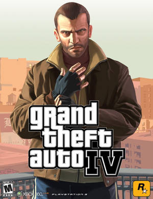 Grand Theft Auto IV 遊戲封面，展示一個穿著棕色外套和黑色手套的男人，背景是城市景觀。