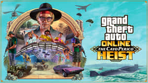 《Grand Theft Auto Online：Cayo Perico Heist》的宣傳藝術作品，包含角色、車輛和潛艇。