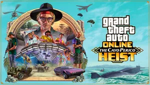 《Grand Theft Auto Online:Cayo Perico Heist》的宣傳藝術作品,包含角色、車輛和潛艇。