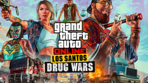 GTA Online Los Santos Drug Wars宣傳藝術作品，角色和卡車在行動中。